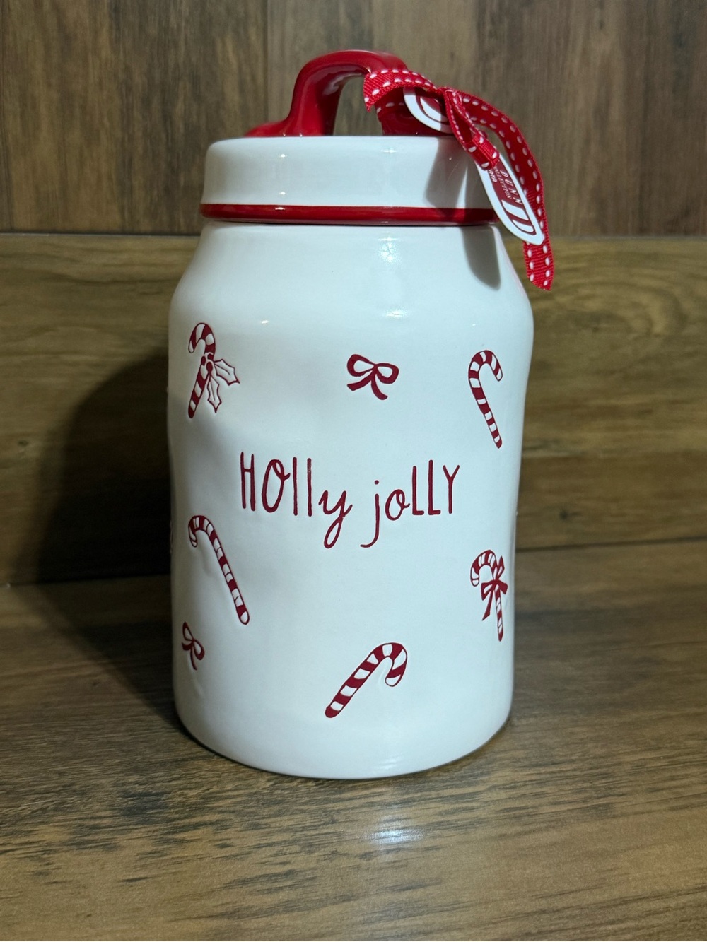 Rae Dunn Red & White 'Holly Jolly' Canister